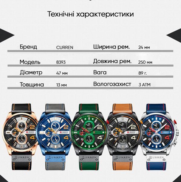 Годинник наручний Curren 8393 Black 1008-0388 фото